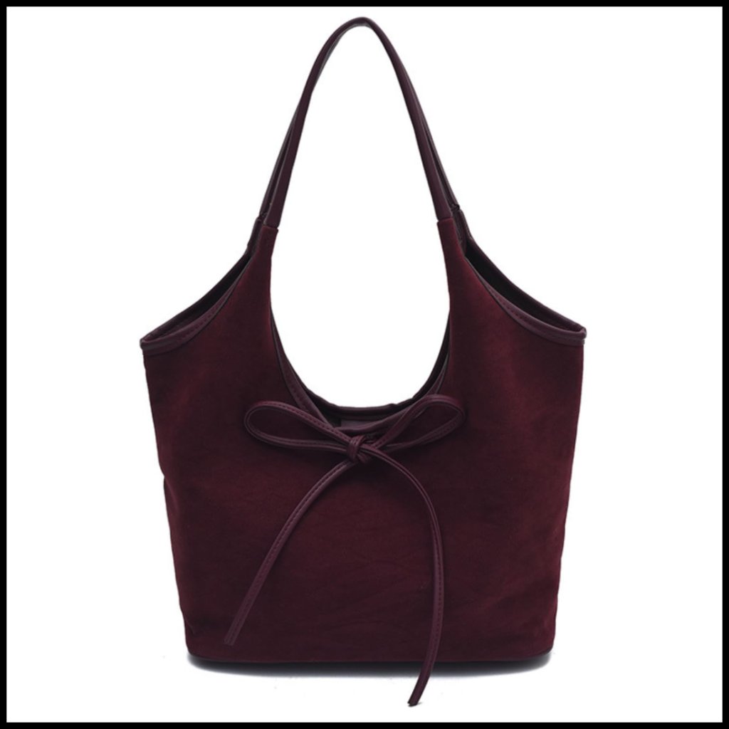 Faux Suede Hobo Tote Bag Elegant Work Purse With Bow Detail Secure Zipper